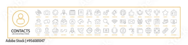 Fototapeta Contacts Icon Set In Line Style. Containing website, phone, mobile, web, location, communication, business, message, mail, vector, call, address, etc. Vector Illustration.