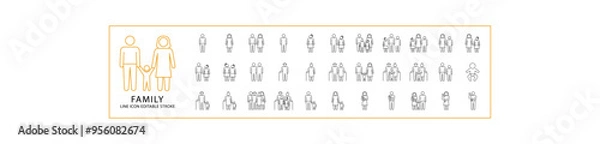 Fototapeta Types Of Family Structure icons. Set line people icon related to family members. Vector illustration. Editable stroke.	