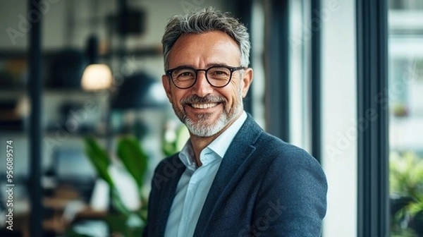 Obraz Middle aged professional business man with glasses wearing white shirt and suit happily smiling standing in office near glass window