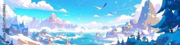 Fototapeta Enchanting Yichun Winter Wonderland: Anime-Style Illustration of Rime-Covered Landscapes and Stone Forests. Versatile Design for Tourism Marketing, Home Decor, and NFT Art. Vibrant yet Gentle Colors C