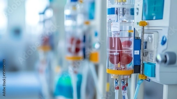 Fototapeta Close-up of a medical dialysis machine with tubing and filters.