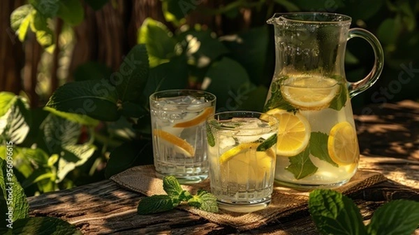 Obraz Fresh lemonade on a background of a garden with lemons and mint