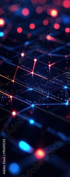 Fototapeta Close-up of a digital abstract pattern featuring glowing lights and intricate lines, representing technology and innovation.