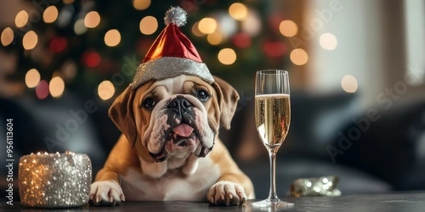 Obraz Festive French Bulldog in Champagne Glass: Whimsical Holiday Marketing Concept. Adorable Canine Celebration for New Year's Eve 2025-2026. Versatile Illustration for NFT Art, Apparel Design, and Season