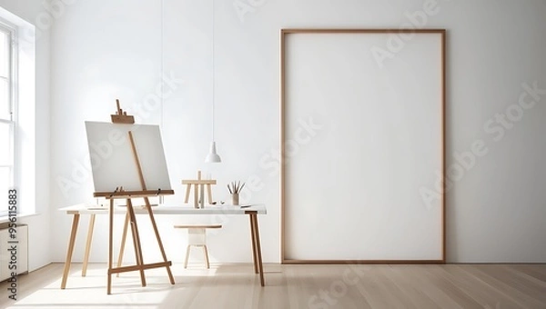 Fototapeta High-Quality Frame Poster Mockup with a Minimalist Interior, Great for Presenting Your Artwork, Photos, or Graphics in a Clean and Modern Environment