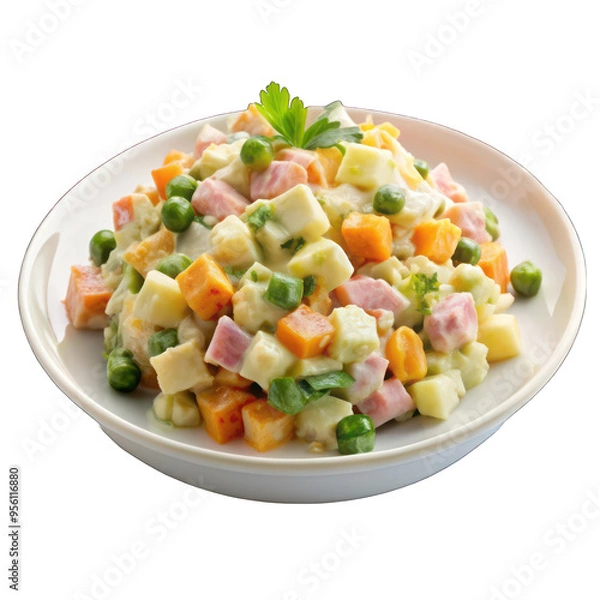 Fototapeta Russian salad on white plate isolated on transparent background