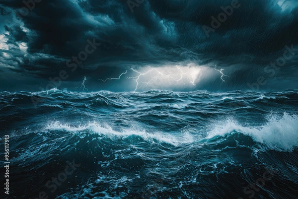Fototapeta A tempestuous sea roils beneath a sky ablaze with lightning, nature's power on full display.