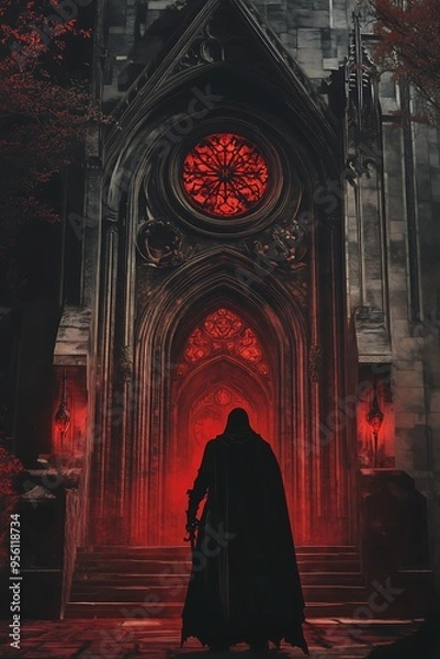Fototapeta Enigmatic Figure Before Gothic Archway, Eerie Nightfall with Red Stained Glass Window