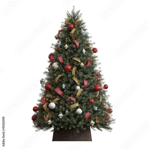Fototapeta Christmas tree with decorations, isolate on a transparent background, 3d illustration, cg render