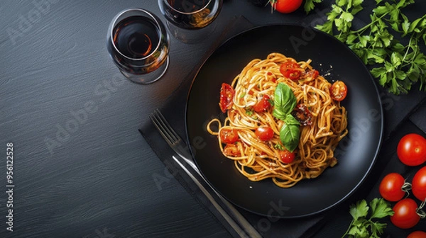 Fototapeta Delicious spaghetti with cherry tomatoes and fresh basil, served on black plate alongside glasses of red wine, creating warm and inviting dining experience.