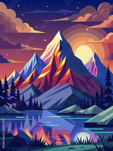 Fototapeta Colorful Mountain Range with Sunset and Lake Reflection