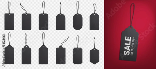 Fototapeta A set of realistic black price tags on a transparent background. Cardboard labels with a thread. Gift labels on a rope.  Vector illustration. EPS 10.