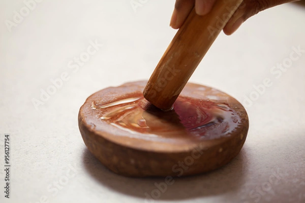 Obraz An Indian man is rubbing a sandalwood stick to make sandalwood paste, commonly used in traditional Indian pooja rituals.