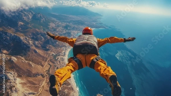 Obraz Sky diving over sea and mountain background