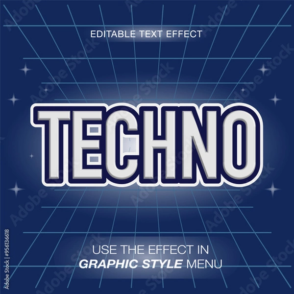 Fototapeta Techno text effect with cyber theme. blue typography template for modern titte