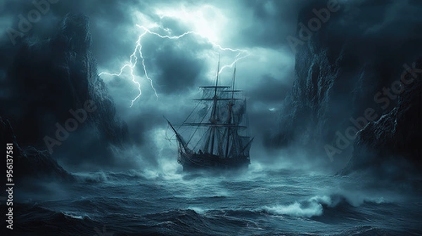 Fototapeta A ship in the middle of a stormy sea under a storm and lightning