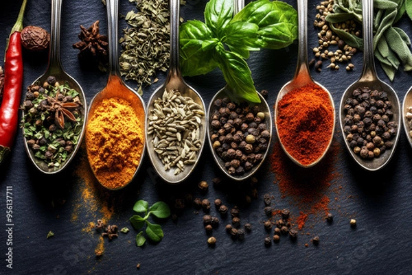 Fototapeta Assorted Spices and Herbs on Silver Spoons with Black Background