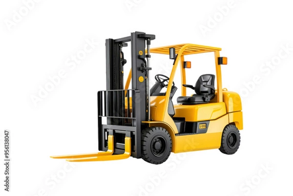 Fototapeta Yellow forklift with black forks and a seat. Suitable for industrial, construction, warehouse, logistics, and transportation themes