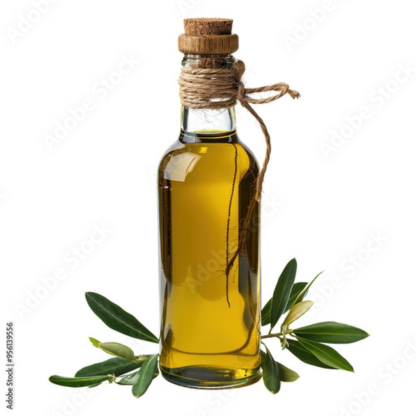 Obraz A beautiful glass bottle of olive oil, elegantly styled with a cork stopper and surrounded by fresh olive leaves.