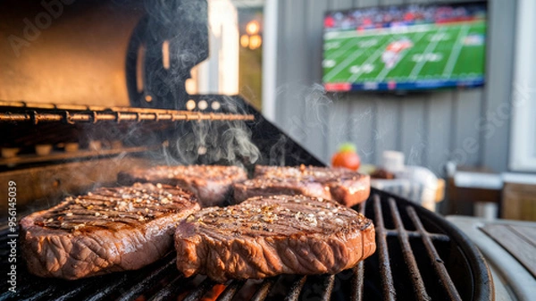 Fototapeta Grilling steaks on a barbecue grill outdoors with a TV showing a football game in the background, perfect for a backyard party.