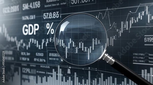 Fototapeta Stock market data analysis with magnifying glass focusing on GDP and financial graphs representing economic growth and percent changes.
