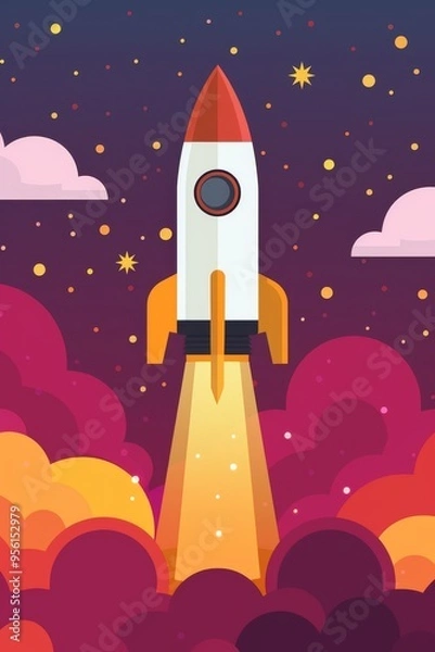 Fototapeta A vibrant rocket ascends into a purple sky filled with clouds and stars, celebrating astronaut day and back to school