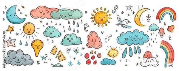 Fototapeta Various celestial objects doodled in black and white.