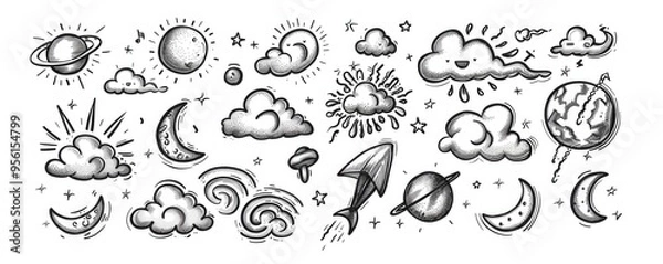 Fototapeta Various celestial objects doodled in black and white.