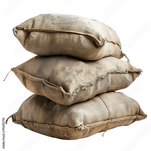 Fototapeta Three stacked burlap sacks, worn and weathered, perfect for backgrounds in rustic or industrial themed designs.