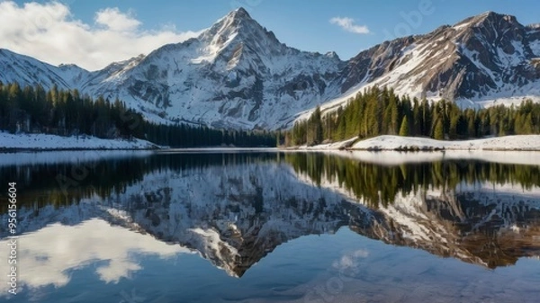 Obraz Snow-covered mountains lake reflection 