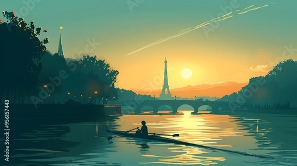 Fototapeta A rower on the Seine with the Eiffel Tower in the distance, captured in sleek vector design.
