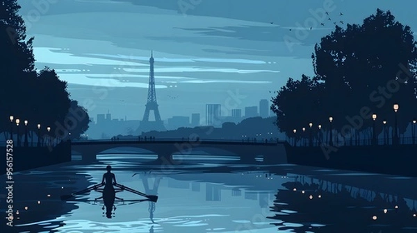 Fototapeta A rower on the Seine with the Eiffel Tower in the distance, captured in sleek vector design.