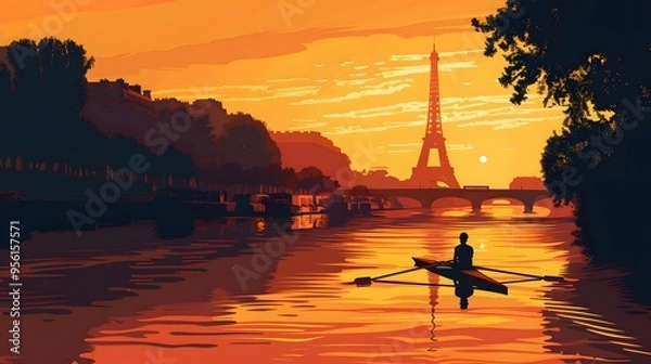 Fototapeta A rower on the Seine with the Eiffel Tower in the distance, captured in sleek vector design.