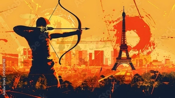 Fototapeta An archer aiming at a target with the Eiffel Tower behind, depicted in sleek vector style.