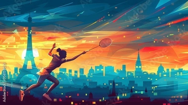 Fototapeta A badminton player in action, with a stylized Paris skyline as the backdrop, captured in modern vector design.