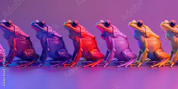 Fototapeta frogs with different colors and patterns, arranged in a row and fading from left to right.