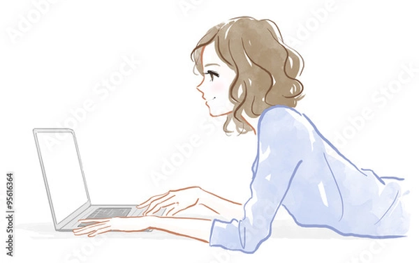 Obraz 寝転がってパソコンを操作する女性