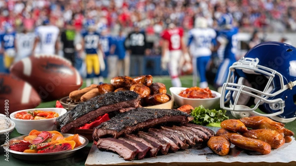Fototapeta Delicious barbecue spread with ribs and wings at a football game. Perfect for game day tailgating and football parties.