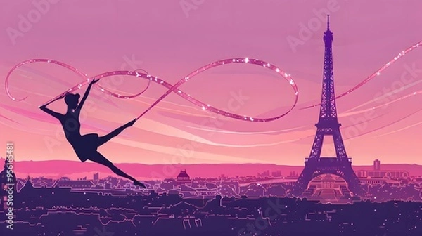 Fototapeta A rhythmic gymnast twirling a ribbon, with the Eiffel Tower visible, captured in sharp vector art.