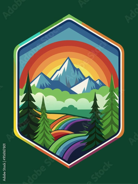Fototapeta Mountainous Landscape with Rainbow and Pine Trees in a Hexagon Frame