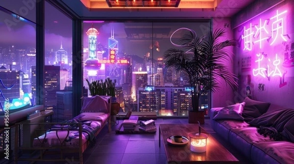 Obraz Nighttime Cityscape View from a Cozy Apartment