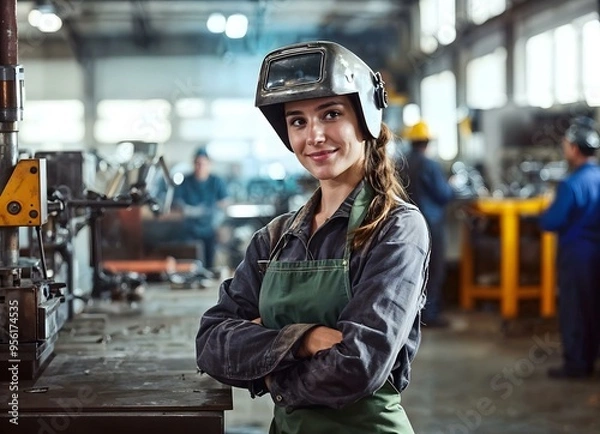 Fototapeta A woman smiles in an apron and welding mask, posing near a table with metal products. Female empowerment.