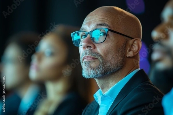 Fototapeta a middle aged man in glasses sitting in the audience listening to a speech - corporate conference setting