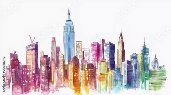 Obraz Watercolor sketch of New York city buildings in beautiful vector illustration