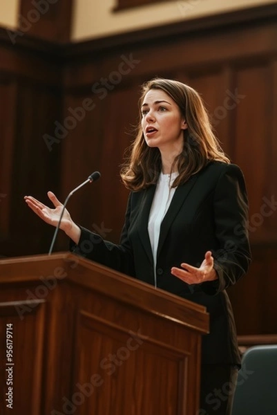 Fototapeta A female lawyer arguing in court. She’s standing at the podium with confidence, presenting evidence and making her case