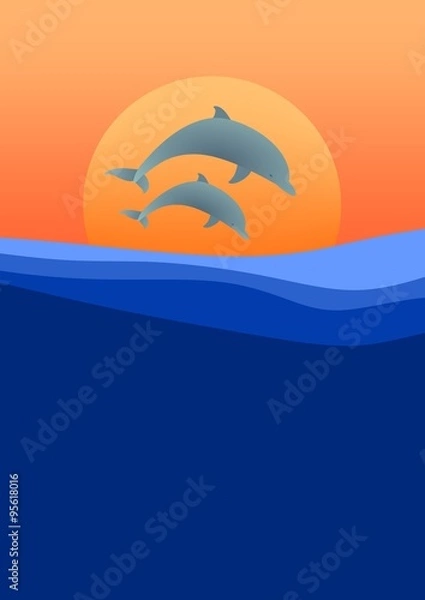 Fototapeta Two dolphins leaping above the waves of sea level at sunset with the setting orange sun in background and orange sky