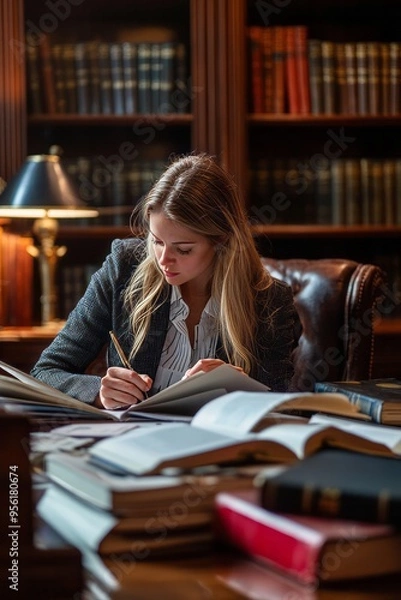 Fototapeta A female lawyer preparing documents for a case. She’s working at her desk, sorting through files and organizing evidence