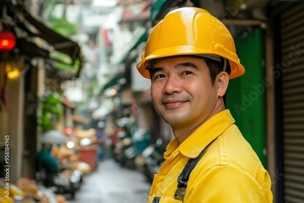 Fototapeta Smiling Construction Worker in Yellow Hardhat