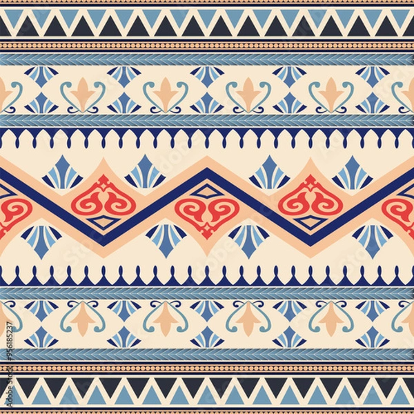 Fototapeta Seamless textile pattern design features ancient art motifs and scrolling patterns with a yellow background. Digitally graphic design for print on fabric, clothing, skirts, sleeves, and carpets.