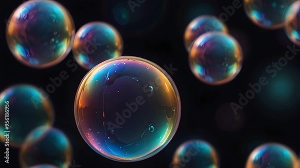 Fototapeta Beautiful rainbow soap bubbles float as dark background.
